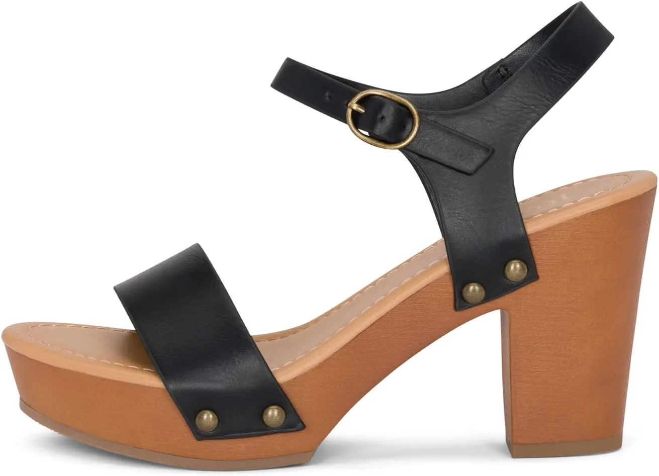 Stage - Womens Wedge Heel Sandals Platform Ankle Buckle Studded Open Toe Faux Wood Sandals