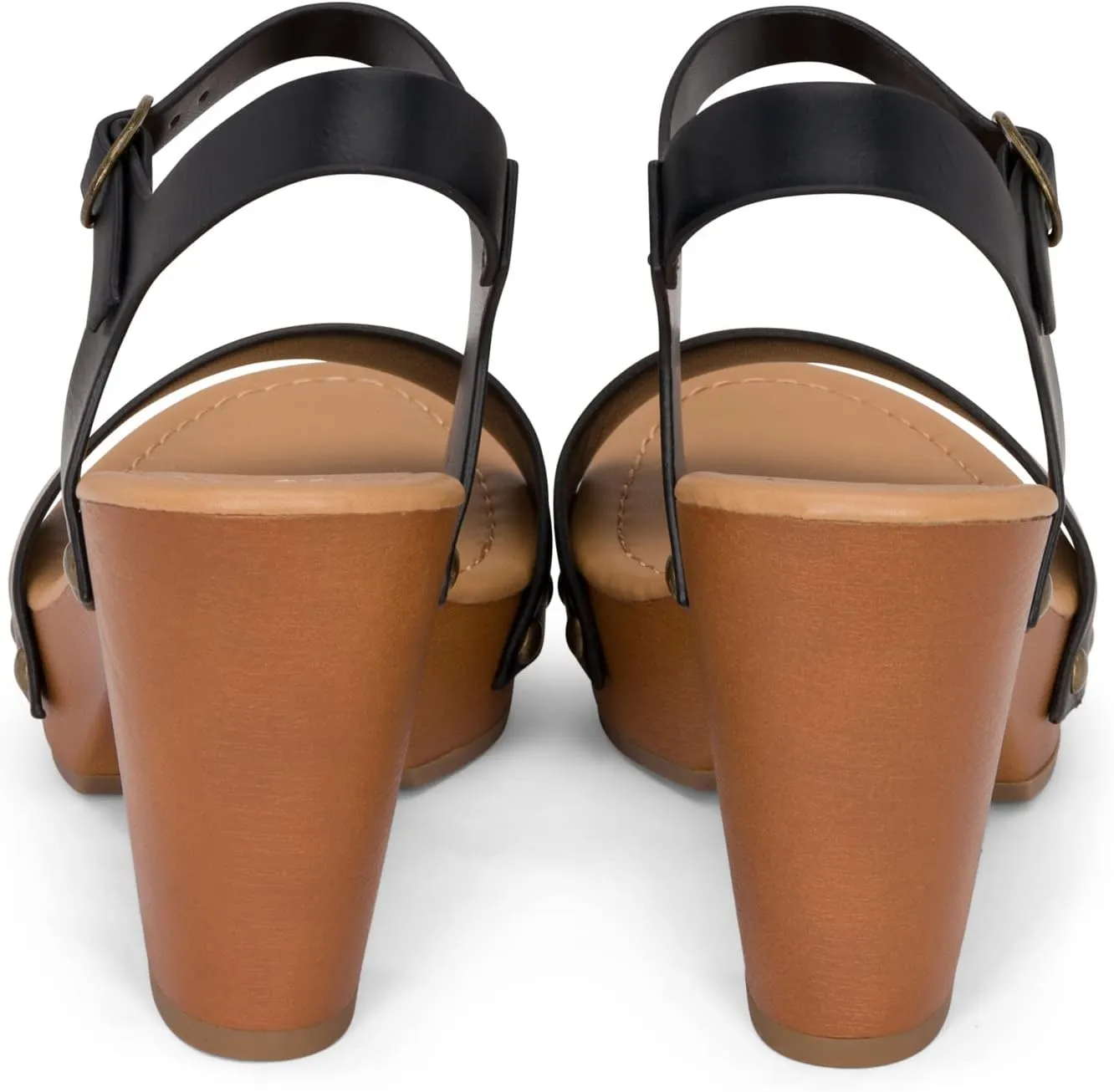 Stage - Womens Wedge Heel Sandals Platform Ankle Buckle Studded Open Toe Faux Wood Sandals