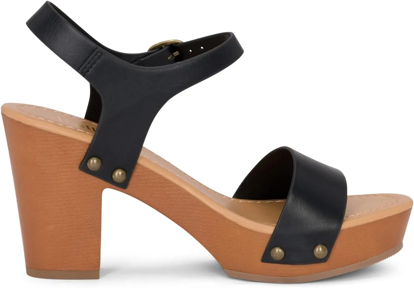 Stage - Womens Wedge Heel Sandals Platform Ankle Buckle Studded Open Toe Faux Wood Sandals