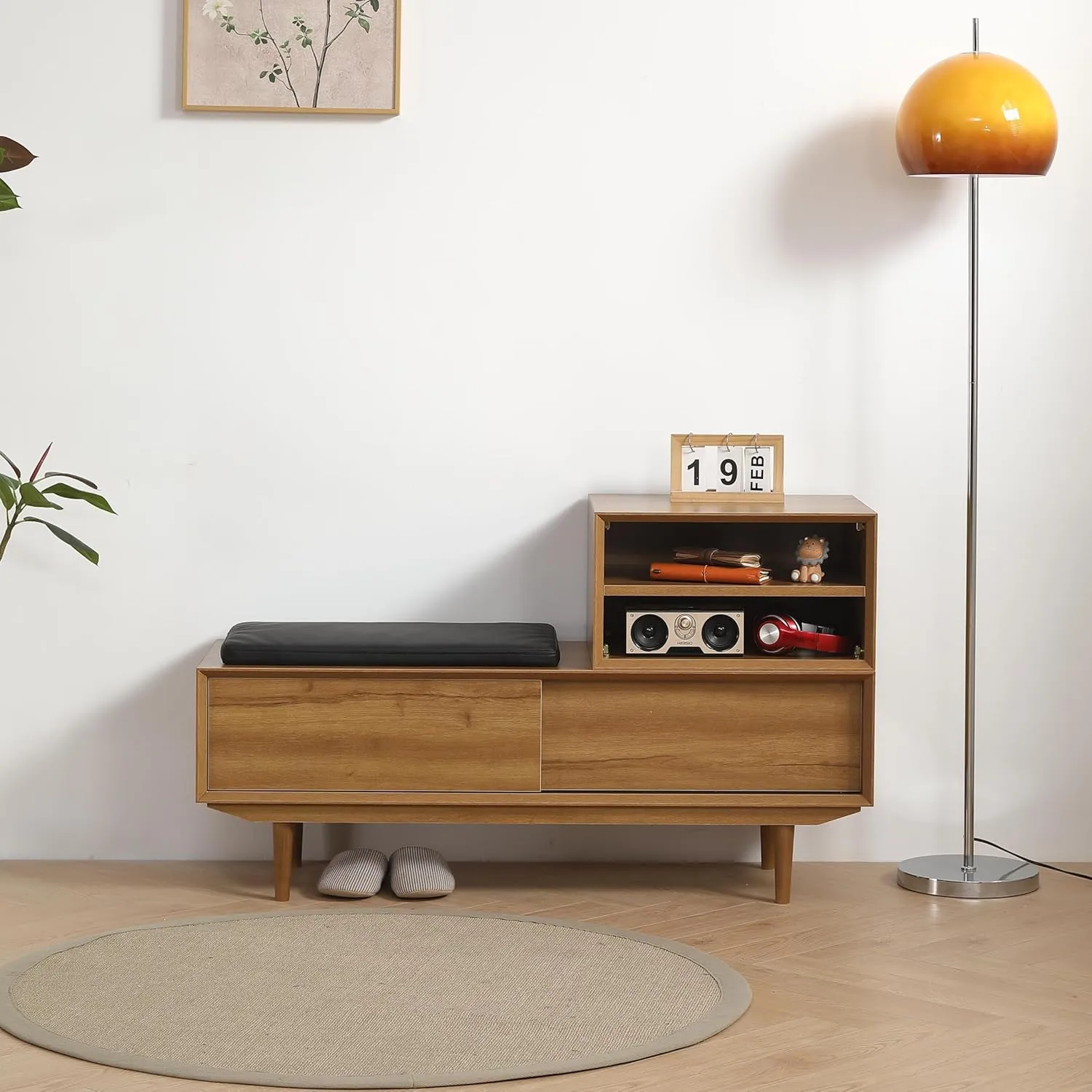 Stylish and Functional Antique Hallway Bench Cabinet, Comfortable Padded Seat, Ample Shoe Storage, Modern Design, Oak Color