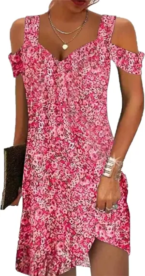 Summer Dresses for Women 2025 V Neck Cold Shoulder Vintage Printed A-Line Dress Beach Vacation Boho Midi Sundress