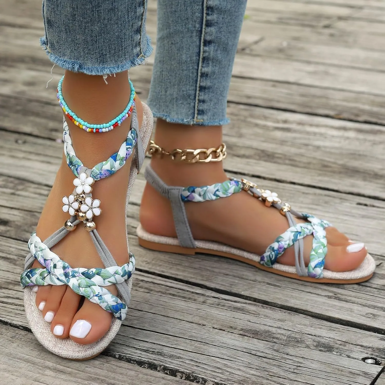 Summer Sandals for Women Dressy Elastic Ankle Strap Open Toe Flats Sandals Bohemian Casual T-Strap Dress Beach Shoes