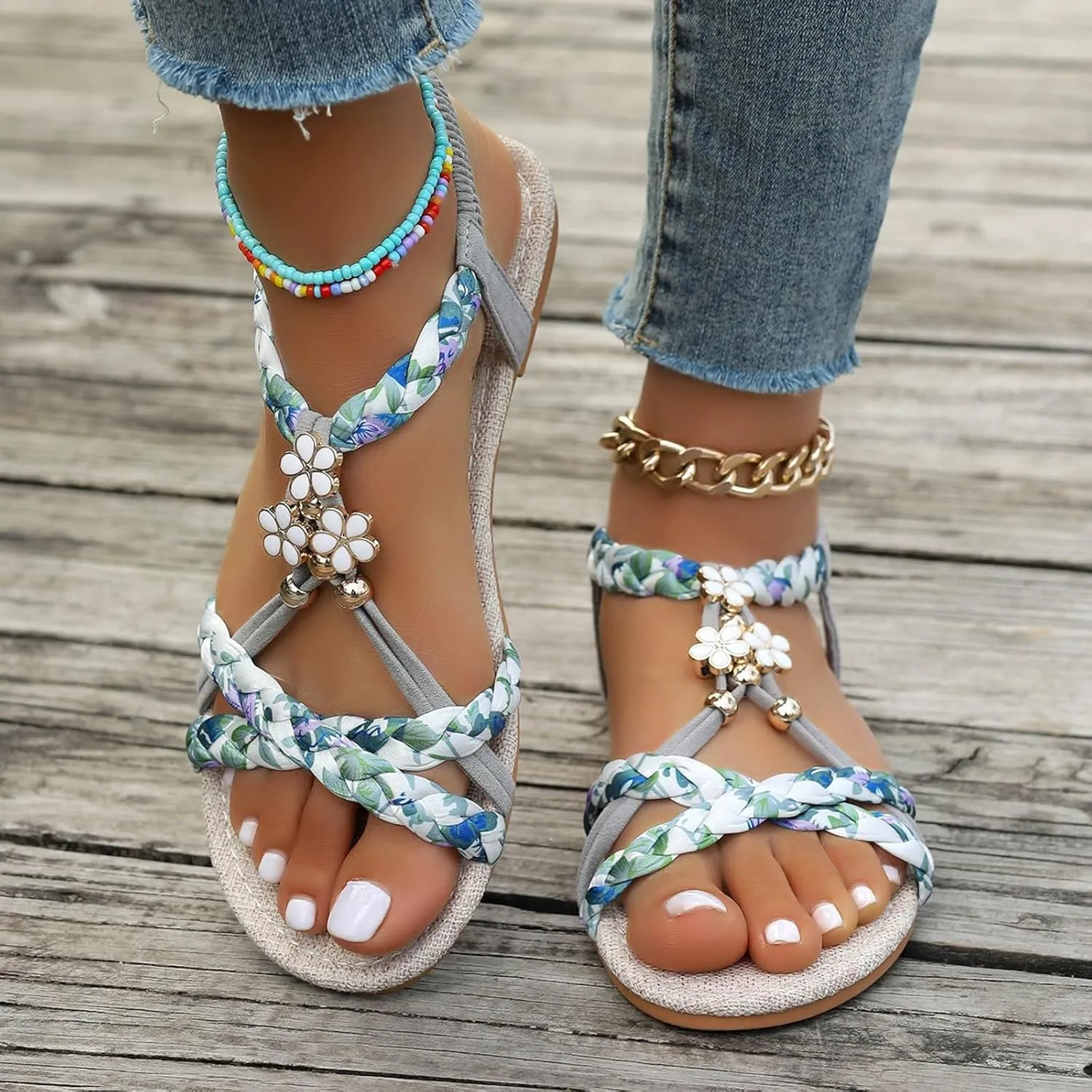 Summer Sandals for Women Dressy Elastic Ankle Strap Open Toe Flats Sandals Bohemian Casual T-Strap Dress Beach Shoes