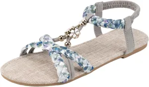 Summer Sandals for Women Dressy Elastic Ankle Strap Open Toe Flats Sandals Bohemian Casual T-Strap Dress Beach Shoes