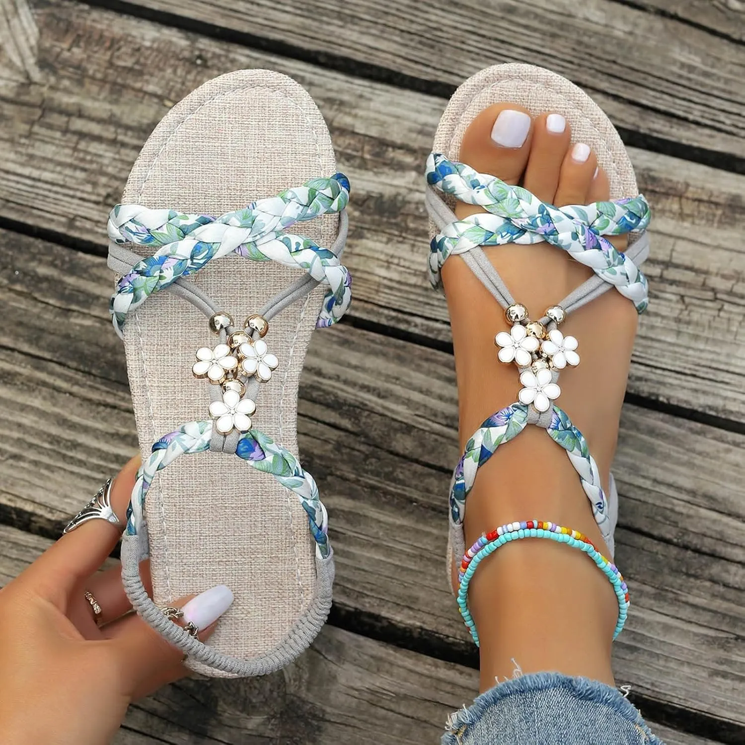 Summer Sandals for Women Dressy Elastic Ankle Strap Open Toe Flats Sandals Bohemian Casual T-Strap Dress Beach Shoes