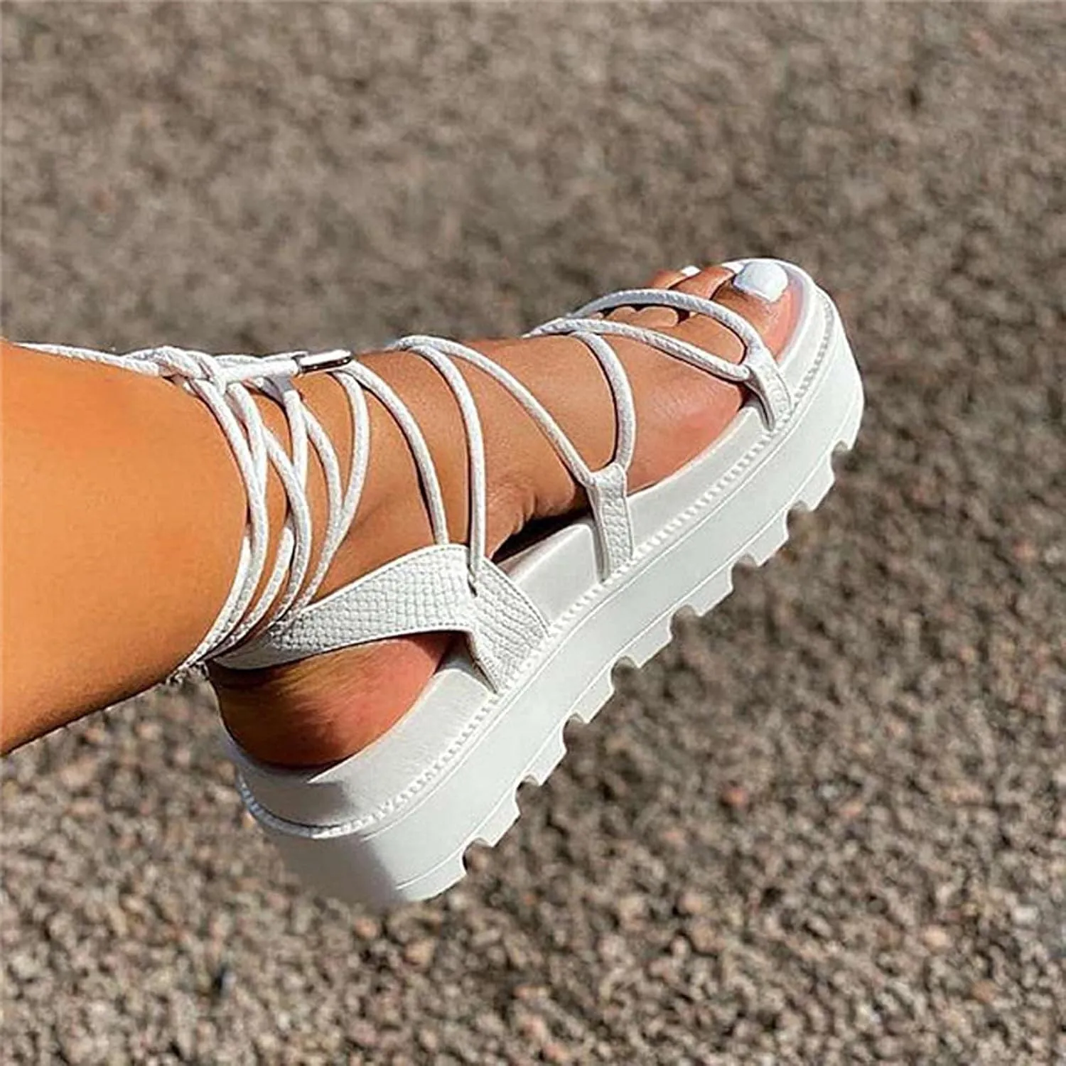 Summer Womens Strappy Platform Sandals Fashion Casual Cross Straps Lace Up Open Toe Non-Slip Sandals Comfortable Outdoor Ladies Shoes Sandalias