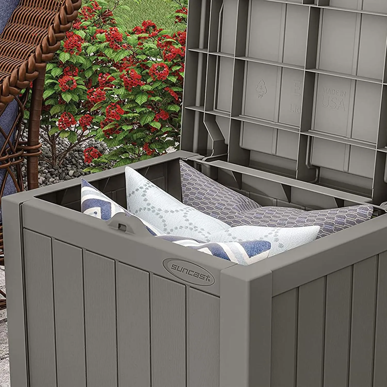 Suncast 22 Gallon Indoor or Outdoor Backyard Patio Small Storage Deck Box with Attractive Bench Seat and Reinforced Lid, Stone Gray