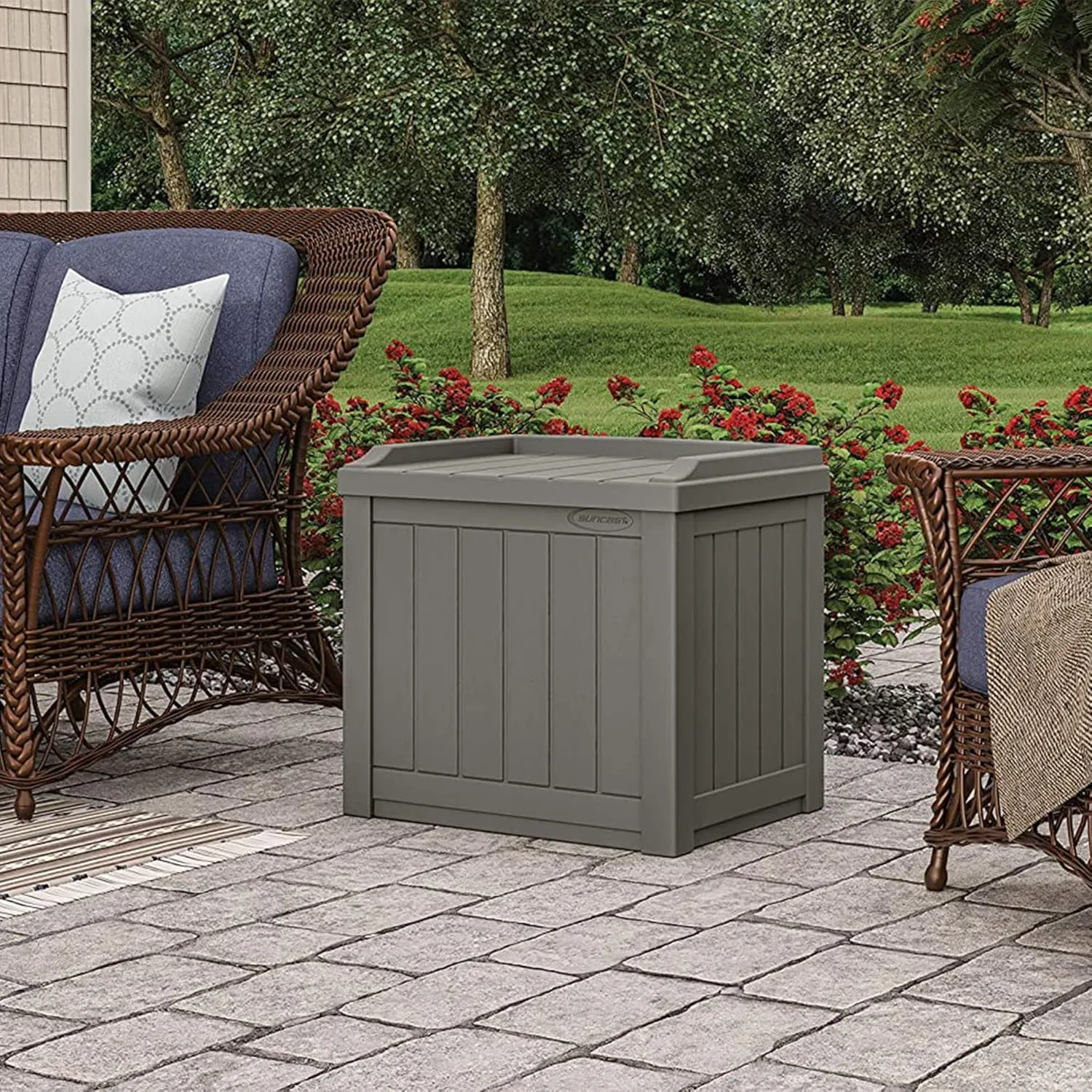 Suncast 22 Gallon Indoor or Outdoor Backyard Patio Small Storage Deck Box with Attractive Bench Seat and Reinforced Lid, Stone Gray