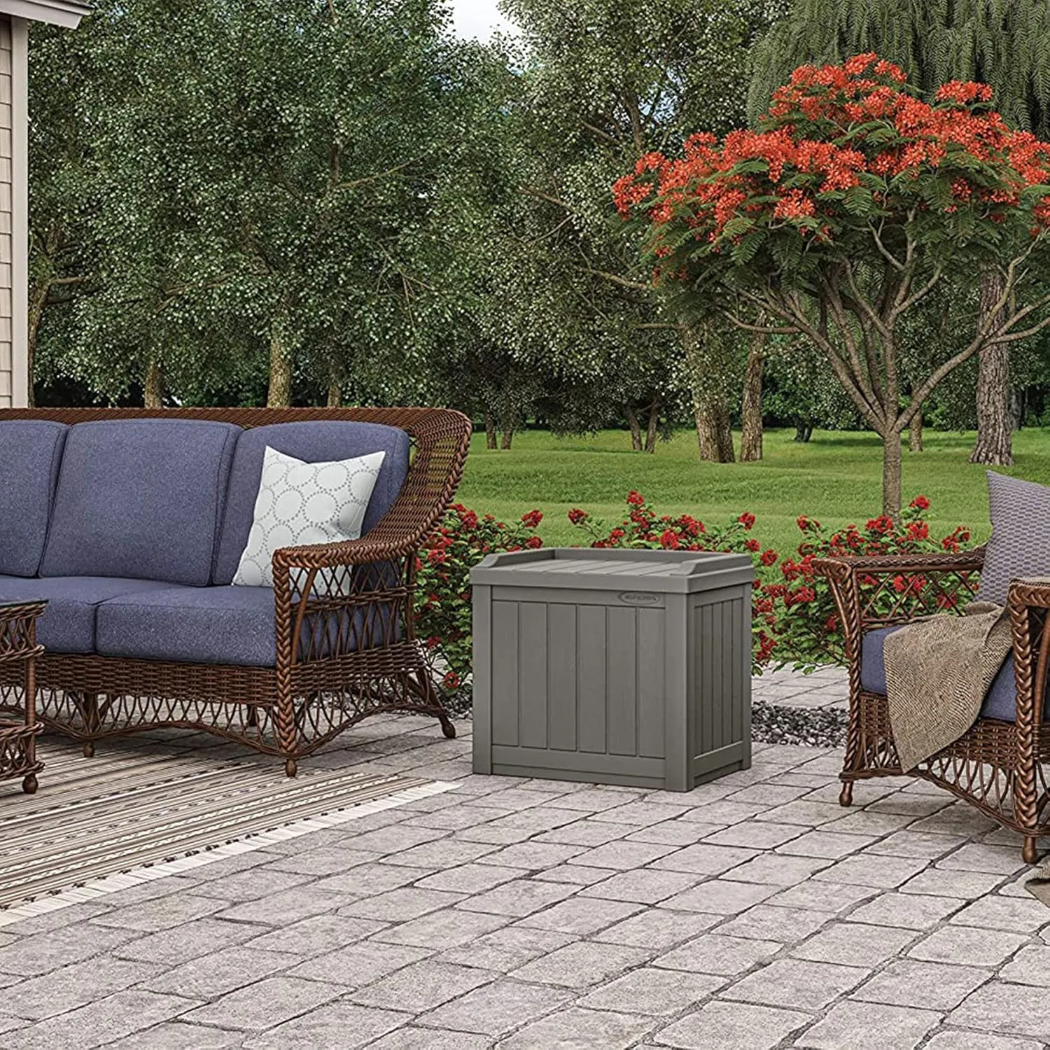 Suncast 22 Gallon Indoor or Outdoor Backyard Patio Small Storage Deck Box with Attractive Bench Seat and Reinforced Lid, Stone Gray