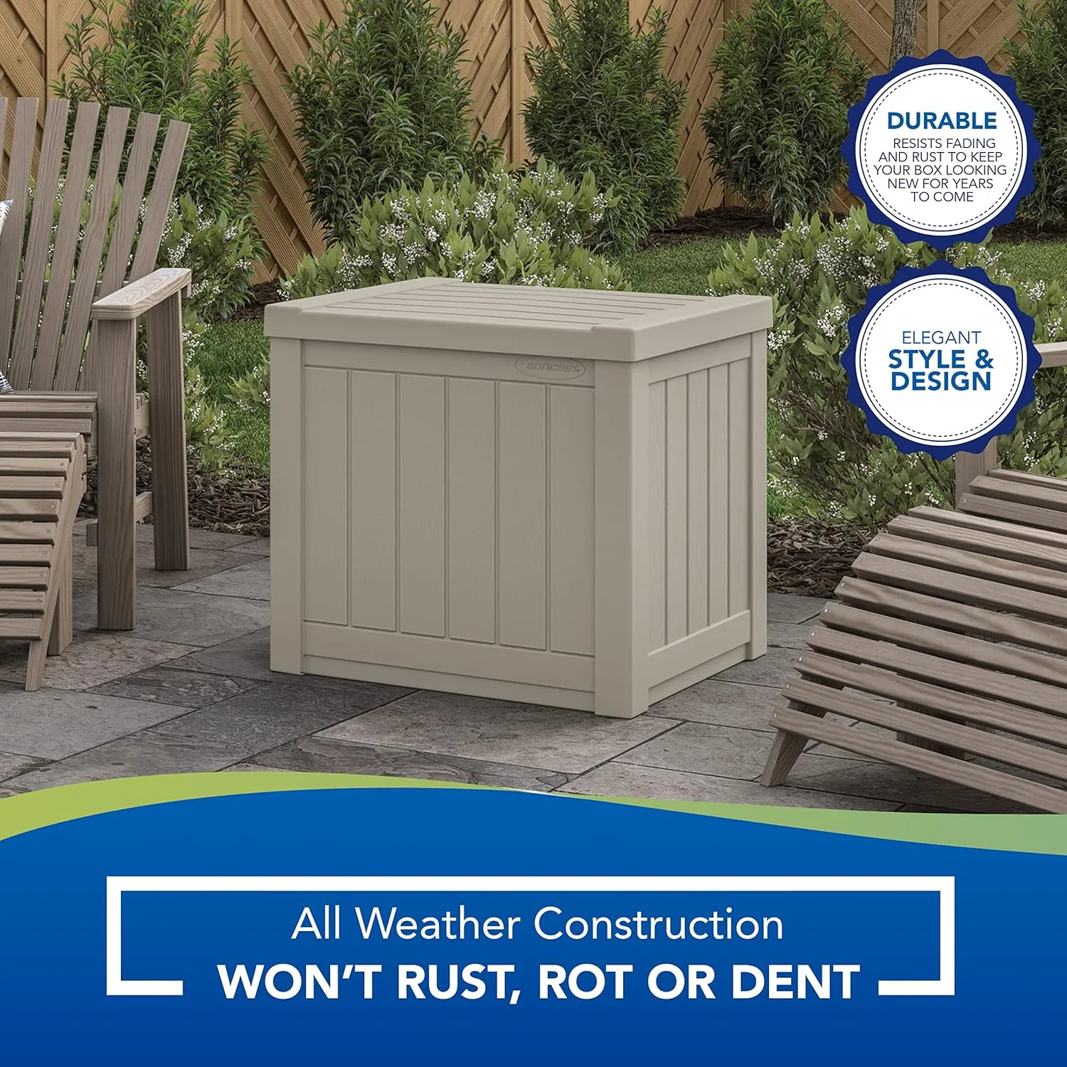 Suncast 22-Gallon Small Deck Box - Lightweight Resin Indoor/Outdoor Storage Container and Seat for Patio Cushions and Gardening Tools - Store Items on Patio, Garage, Yard - Light Taupe