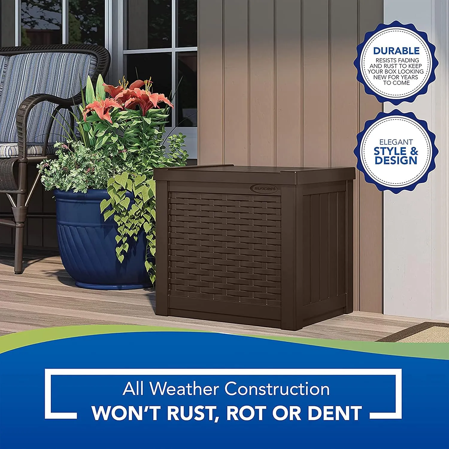 Suncast 22-Gallon Small Deck Box - Lightweight Resin Storage Container and Seat for Patio Cushions and Gardening Tools - Store Items on Patio, Garage, 22.5"L x 17"W x 22.5"H, Yard - Java Brown
