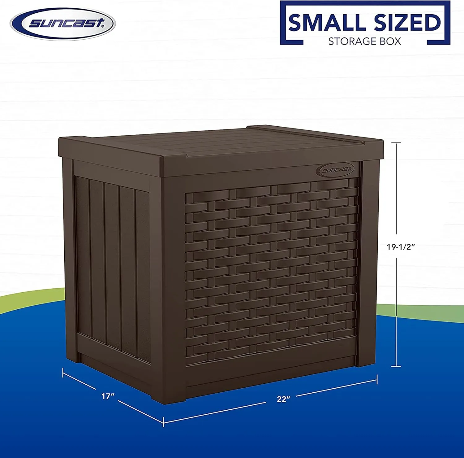 Suncast 22-Gallon Small Deck Box - Lightweight Resin Storage Container and Seat for Patio Cushions and Gardening Tools - Store Items on Patio, Garage, 22.5"L x 17"W x 22.5"H, Yard - Java Brown