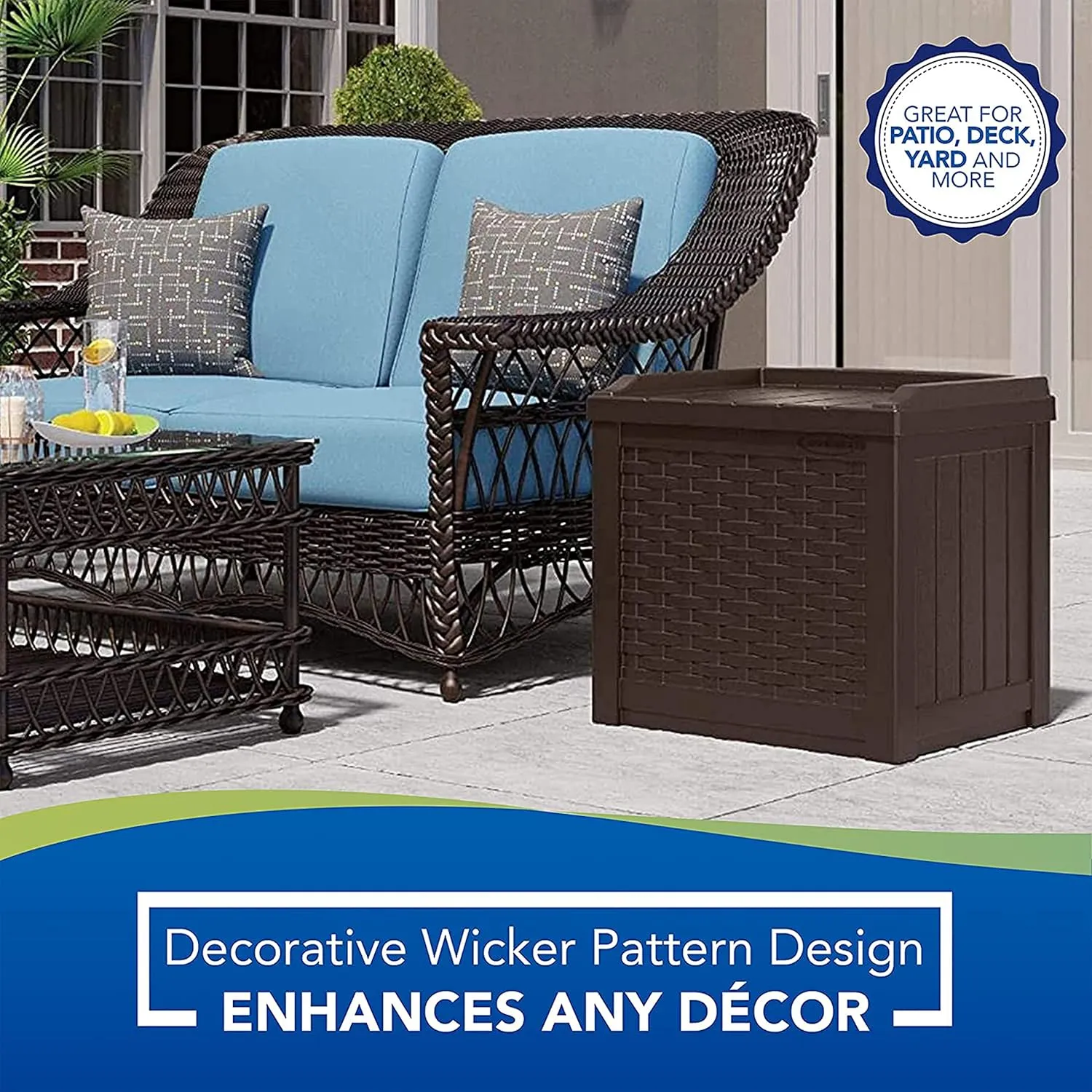 Suncast 22-Gallon Small Deck Box - Lightweight Resin Storage Container and Seat for Patio Cushions and Gardening Tools - Store Items on Patio, Garage, 22.5"L x 17"W x 22.5"H, Yard - Java Brown