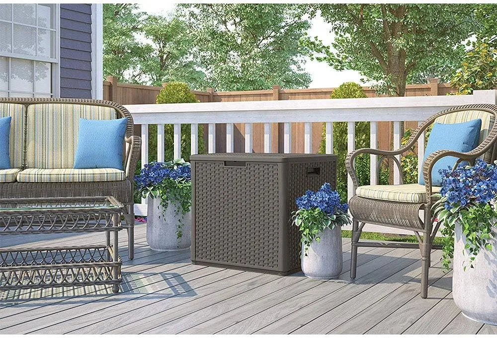 Suncast 60 Gallon Outdoor Weather Resistant Hard Plastic Storage Cube Deck Box Bin with Handles and Lid for Patio, Garden, or Shed, Stoney