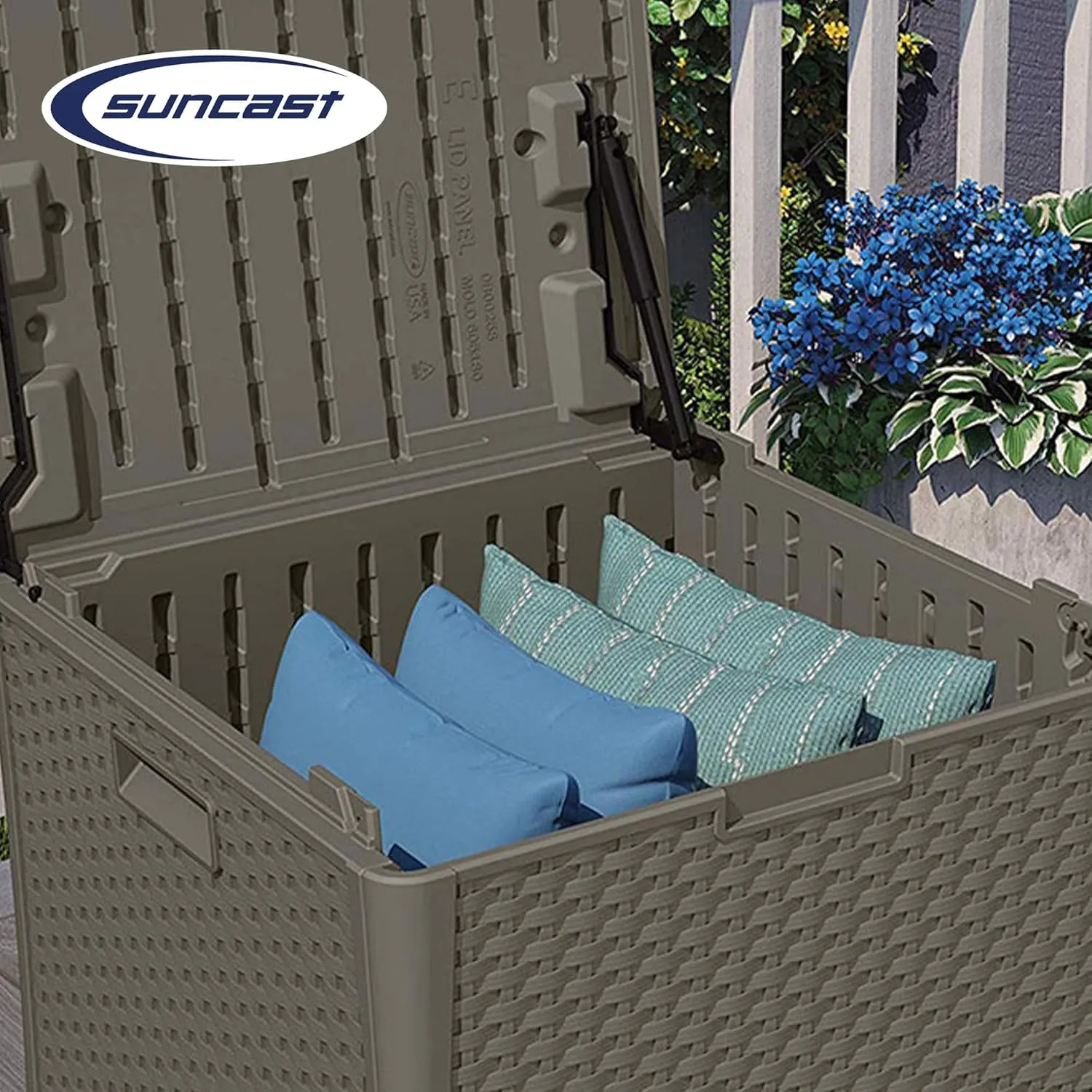 Suncast 60 Gallon Outdoor Weather Resistant Hard Plastic Storage Cube Deck Box Bin with Handles and Lid for Patio, Garden, or Shed, Stoney