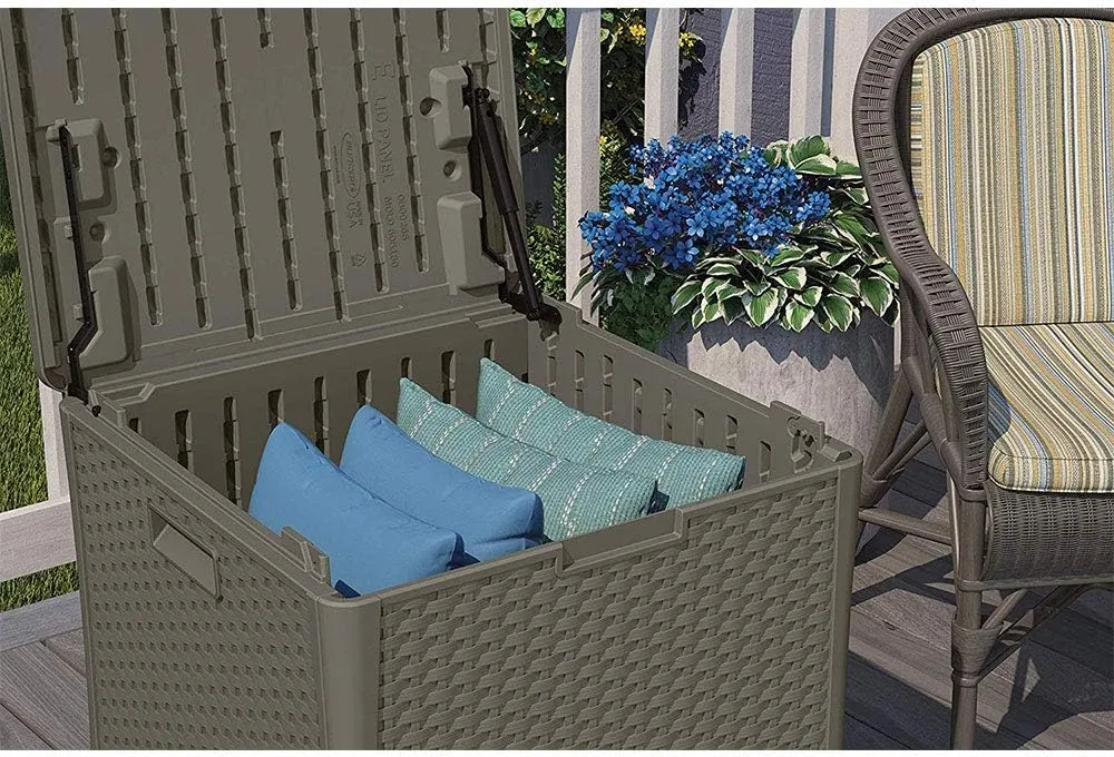 Suncast 60 Gallon Outdoor Weather Resistant Hard Plastic Storage Cube Deck Box Bin with Handles and Lid for Patio, Garden, or Shed, Stoney