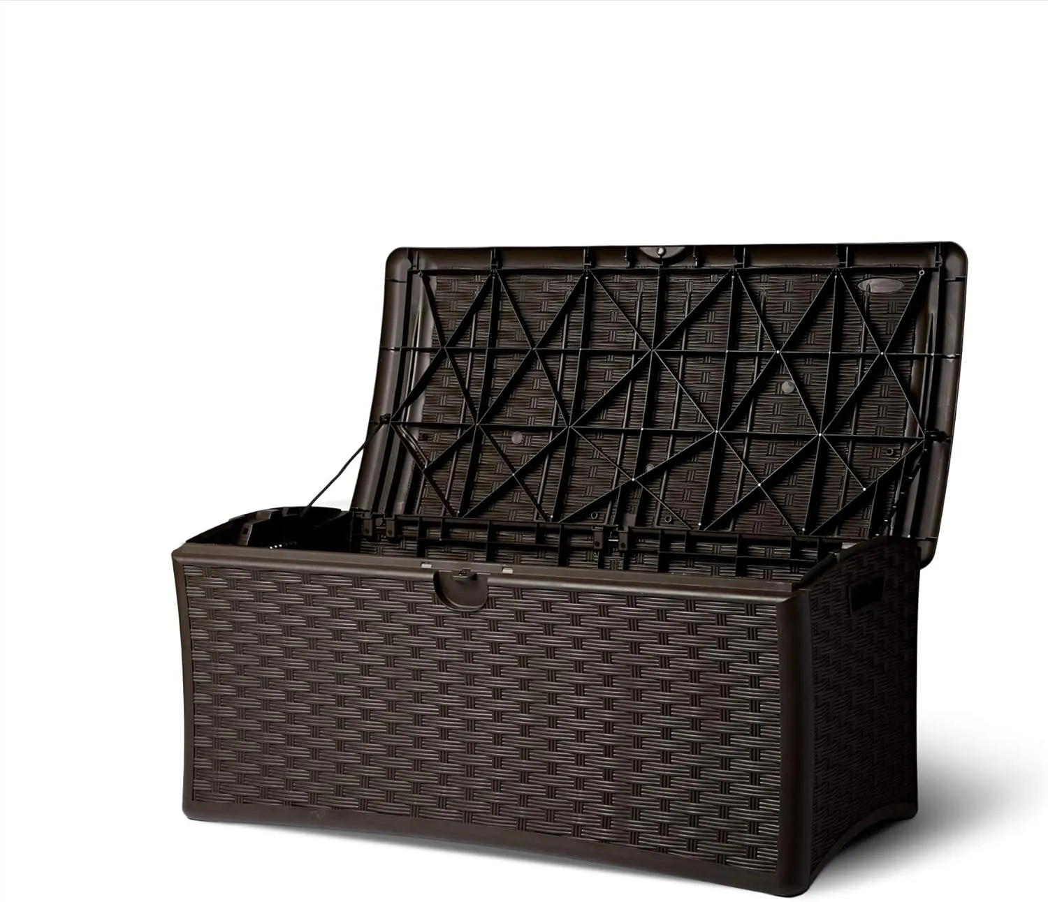 Suncast 72 Gallon Capacity Easy Assembly Plastic Wicker Outdoor Patio Storage Deck Box for Storing Furniture Cushions and Outdoor Accessories, Brown