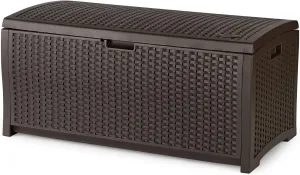 Suncast 73-Gallon Medium Deck Box - Lightweight Resin Indoor/Outdoor Storage Container and Seat for Patio Cushions and Gardening Tools - Store Items on Garage, Yard - Mocha Brown