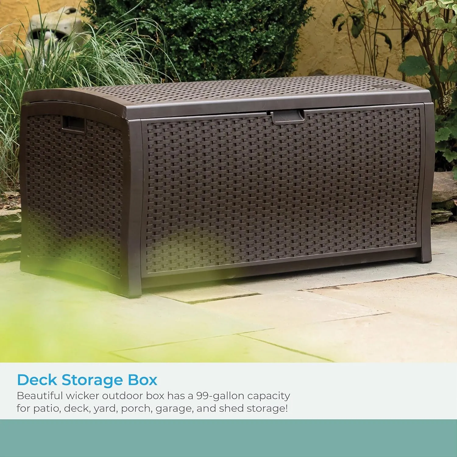 Suncast DBW9200 99 Gallon Outdoor Wicker Plastic Patio Storage Chest Bin with Handles for Patio, Garden, Garage, or Pool for All Weather, Mocha
