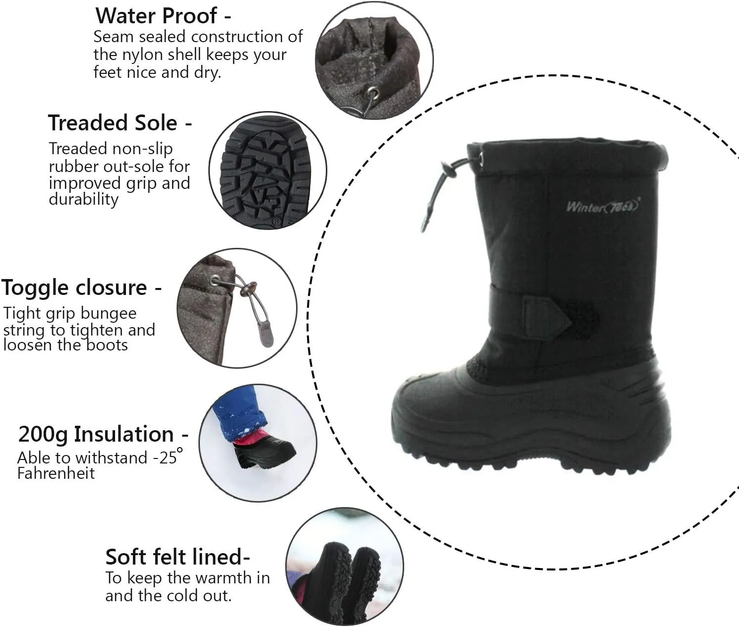 TECS 7in Toddler Girls Waterproof Nylon Rubber Shell Winter Boots - Works in -25F/ -32C, Excellent Traction, Easy to Slip on and Lightweight