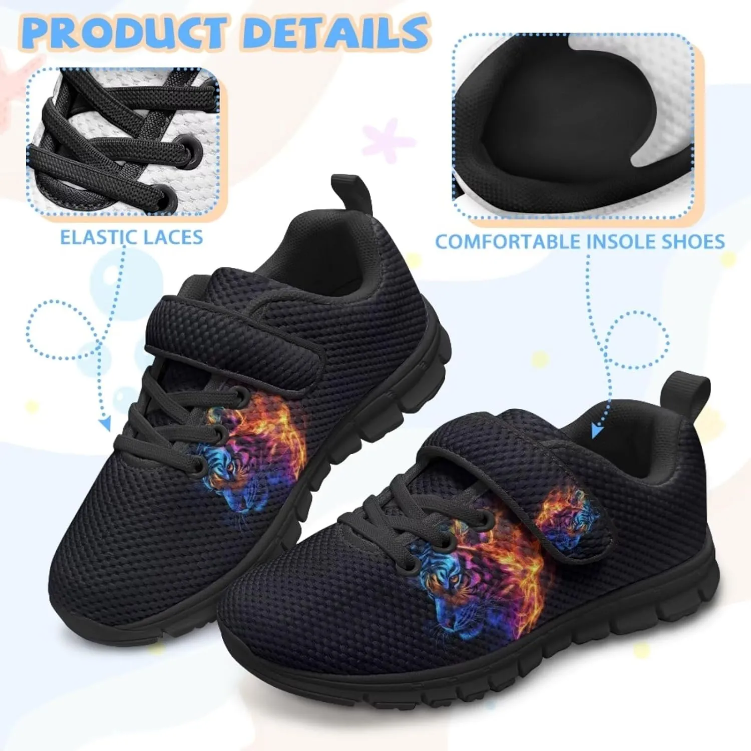 Tiger Print Kids Barefoot Shoes for Little Boys Winter Ankle Running Athletic Walking Strap Sneakers
