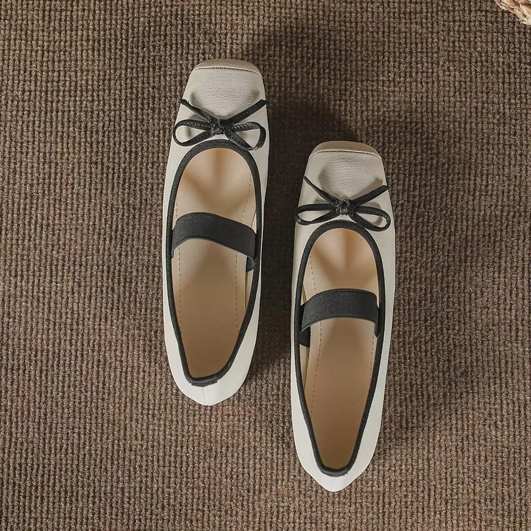 TN TANGNEST Leather Flats for Women Comfortable Square Toe Bowknot Ballet Flats Retro Slip On Mary Jane Flats