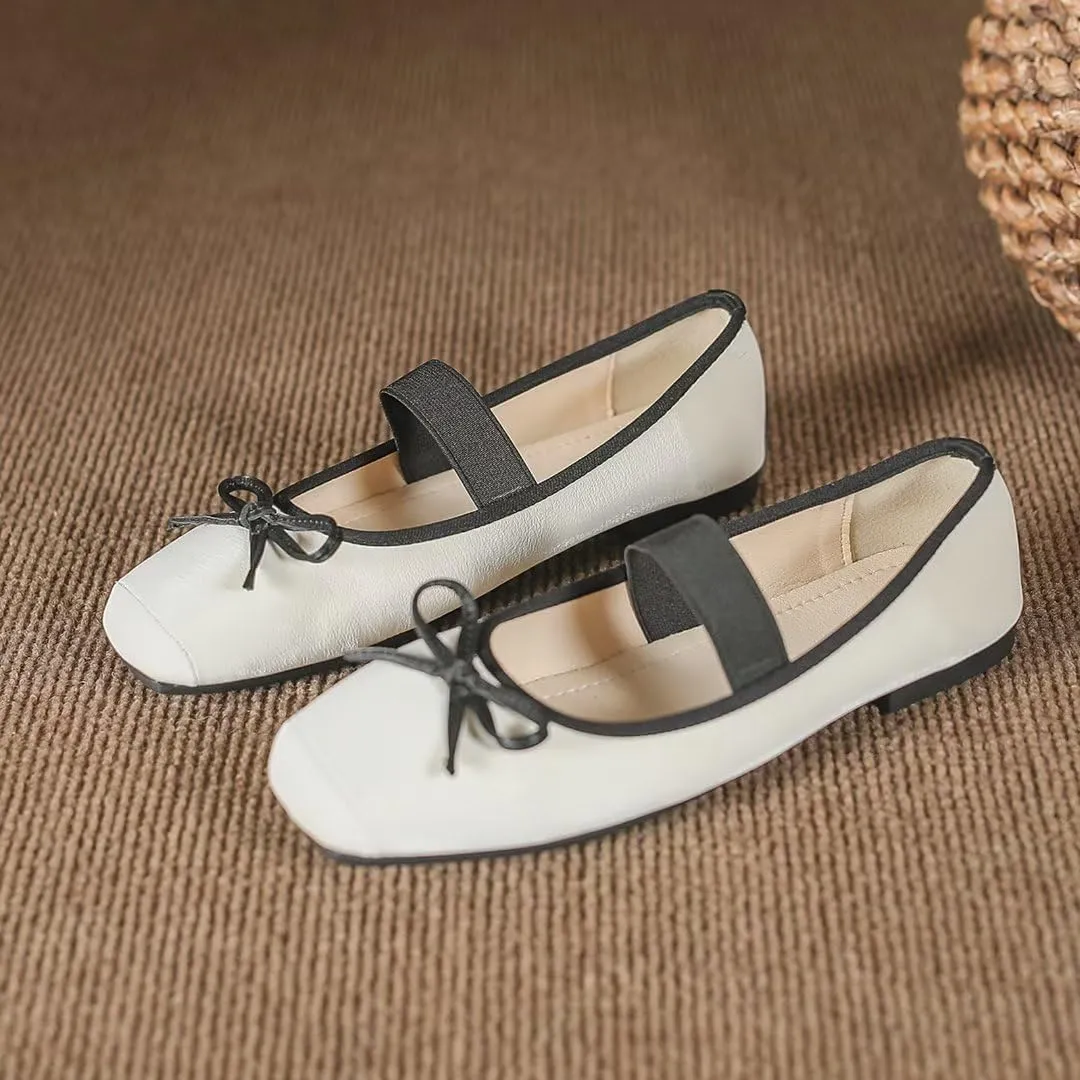 TN TANGNEST Leather Flats for Women Comfortable Square Toe Bowknot Ballet Flats Retro Slip On Mary Jane Flats