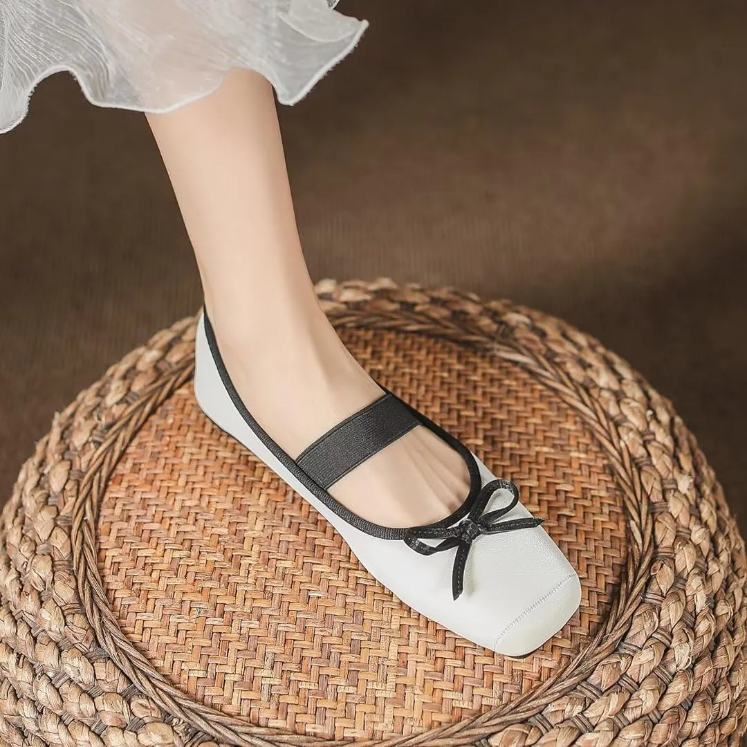 TN TANGNEST Leather Flats for Women Comfortable Square Toe Bowknot Ballet Flats Retro Slip On Mary Jane Flats