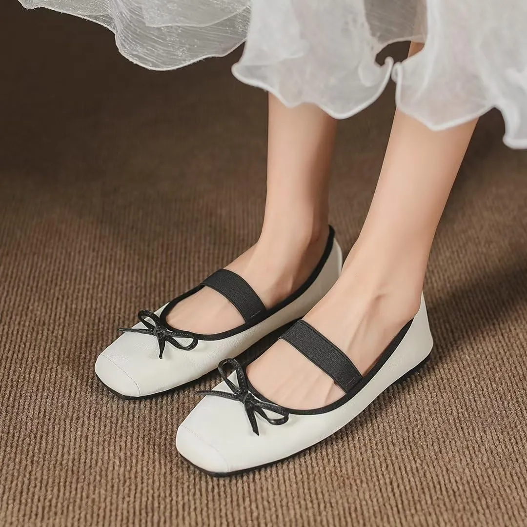 TN TANGNEST Leather Flats for Women Comfortable Square Toe Bowknot Ballet Flats Retro Slip On Mary Jane Flats