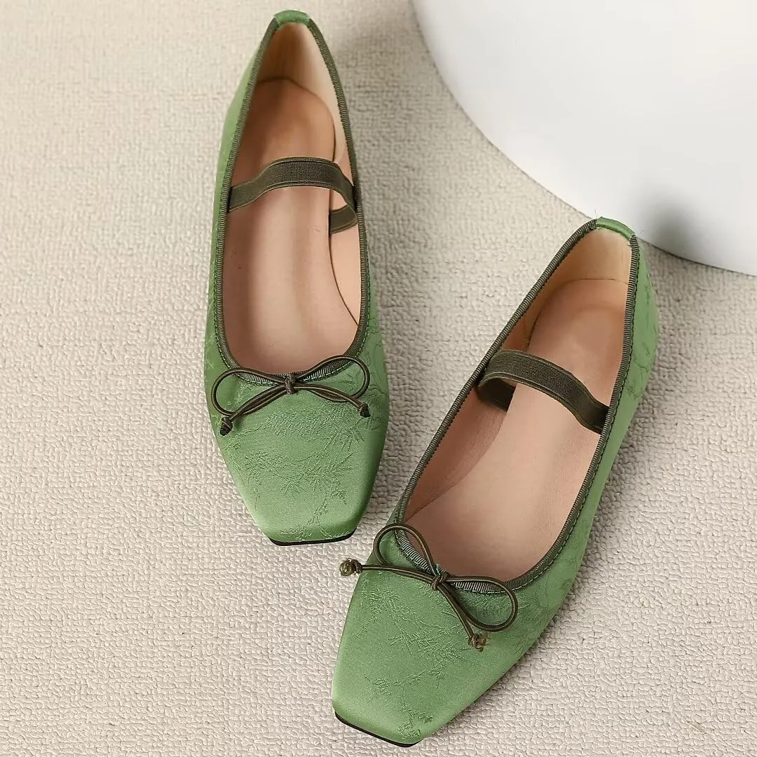TN TANGNEST Leather Flats for Women Comfortable Square Toe Bowknot Ballet Flats Retro Slip On Mary Jane Flats