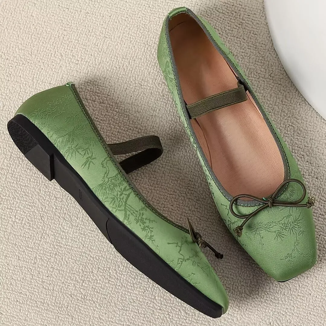 TN TANGNEST Leather Flats for Women Comfortable Square Toe Bowknot Ballet Flats Retro Slip On Mary Jane Flats
