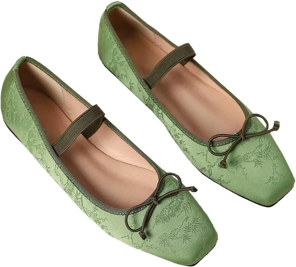 TN TANGNEST Leather Flats for Women Comfortable Square Toe Bowknot Ballet Flats Retro Slip On Mary Jane Flats