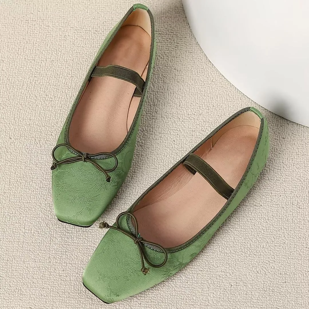 TN TANGNEST Leather Flats for Women Comfortable Square Toe Bowknot Ballet Flats Retro Slip On Mary Jane Flats