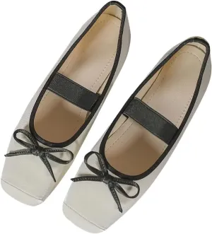 TN TANGNEST Leather Flats for Women Comfortable Square Toe Bowknot Ballet Flats Retro Slip On Mary Jane Flats