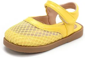 Toddler Girls Mesh Mary Jane Sandals, Hook and Loop Strap, Cream White with Brown Sole