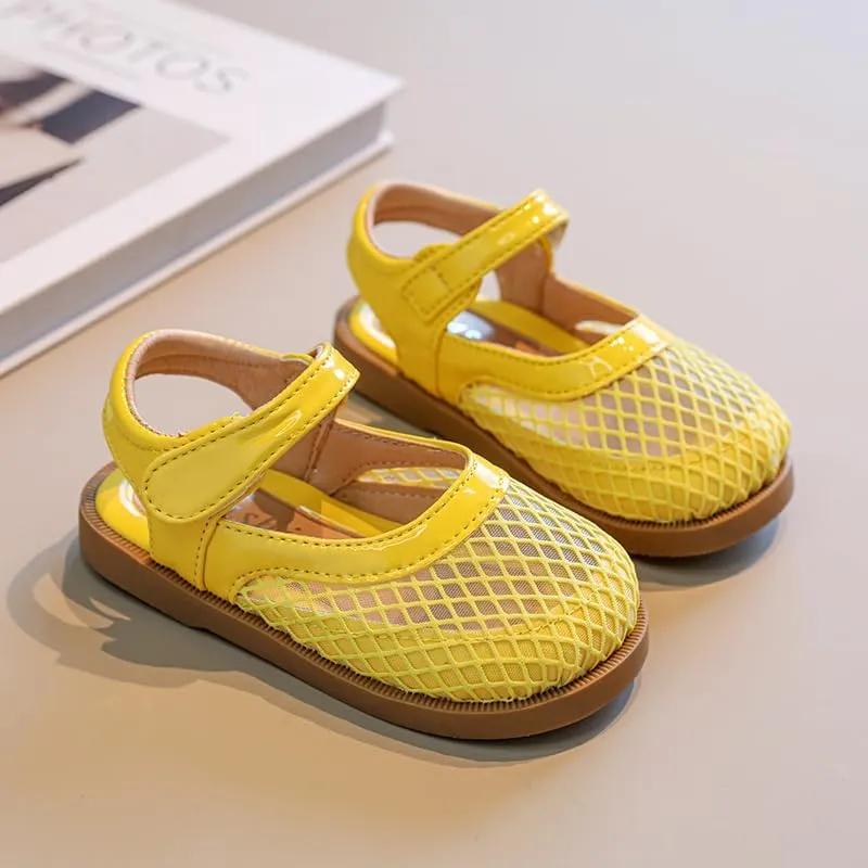 Toddler Girls Mesh Mary Jane Sandals, Hook and Loop Strap, Cream White with Brown Sole