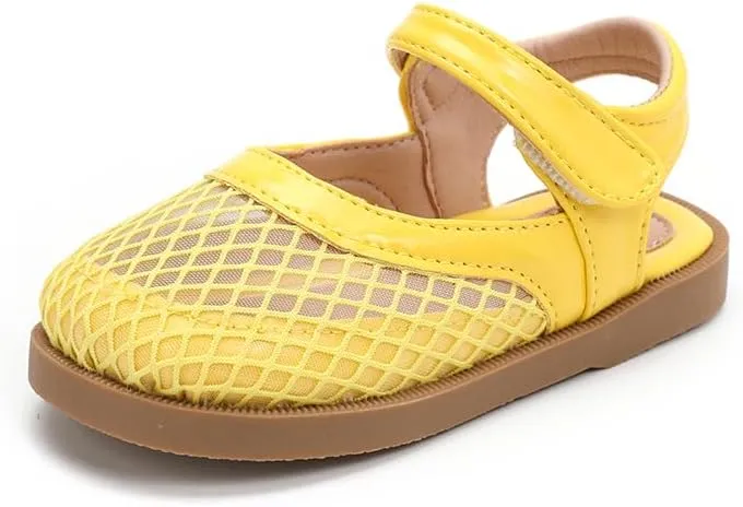 Toddler Girls Mesh Mary Jane Sandals, Hook and Loop Strap, Cream White with Brown Sole