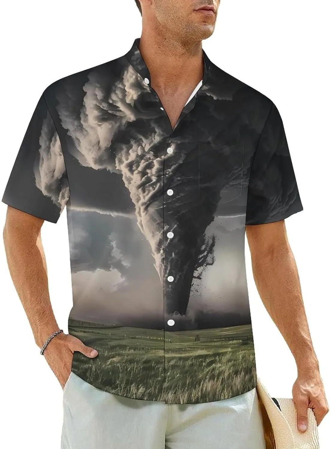 Tornado Thunderstorms Men's Short Sleeve Shirt Casual Button Down Shirt Banded Collar T Shirt Beach Tee with Pocket