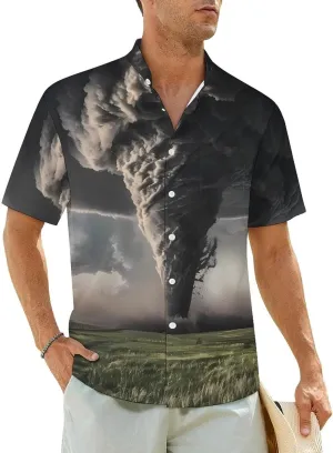 Tornado Thunderstorms Men's Short Sleeve Shirt Casual Button Down Shirt Banded Collar T Shirt Beach Tee with Pocket