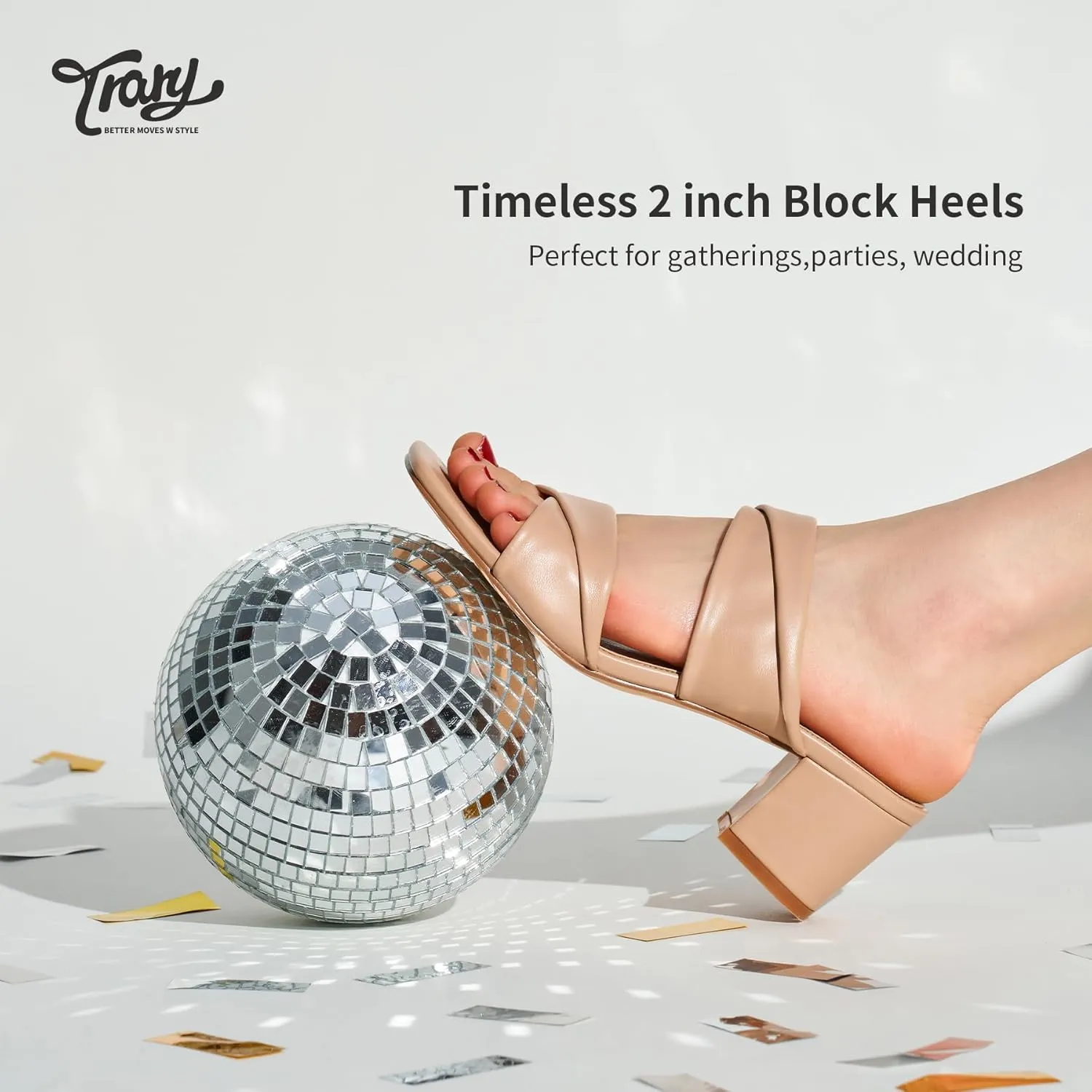 Trary Women's Sandals, Square Toe Heels Sandals, 2inch Black White Nude Chunky Block Heels Sandals