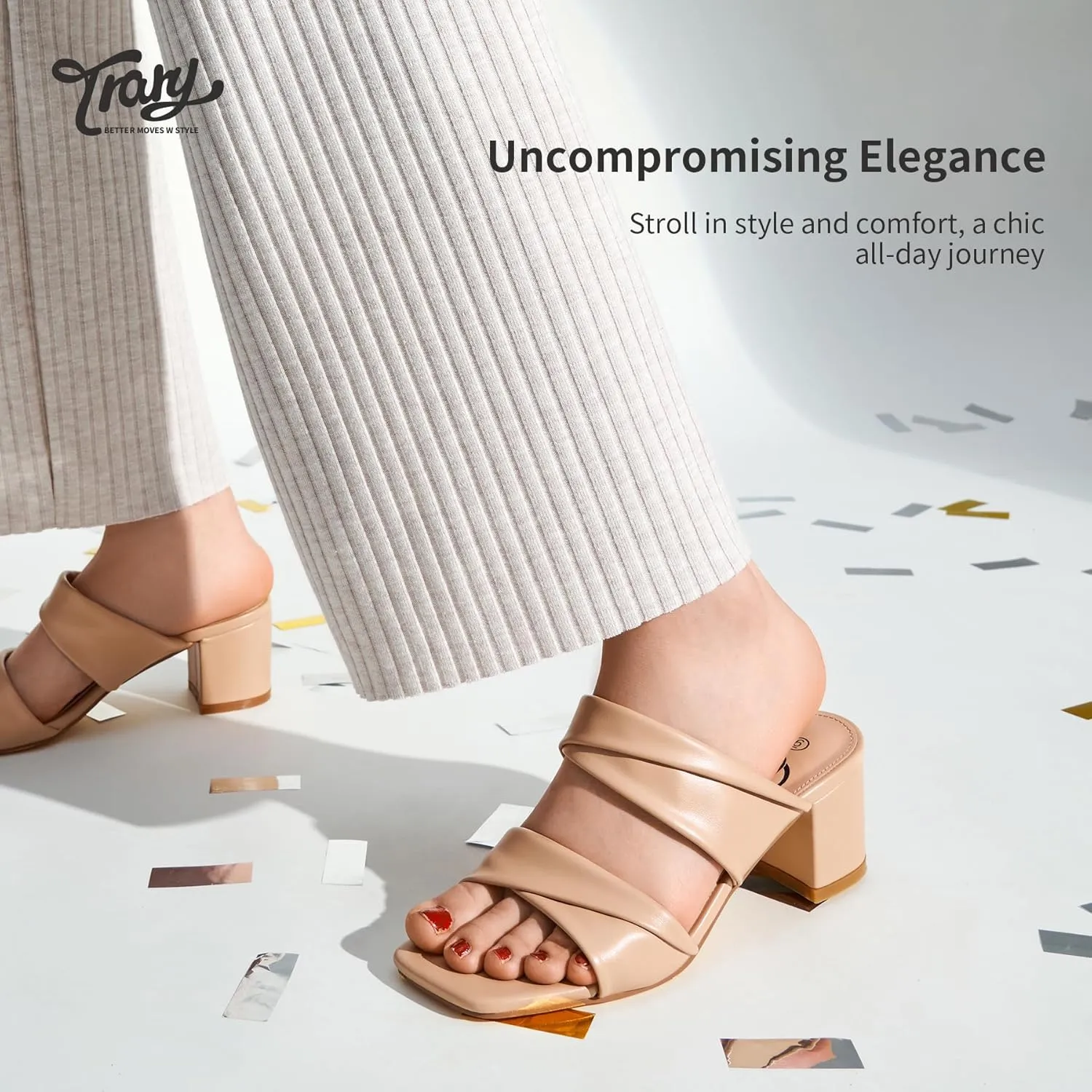 Trary Women's Sandals, Square Toe Heels Sandals, 2inch Black White Nude Chunky Block Heels Sandals
