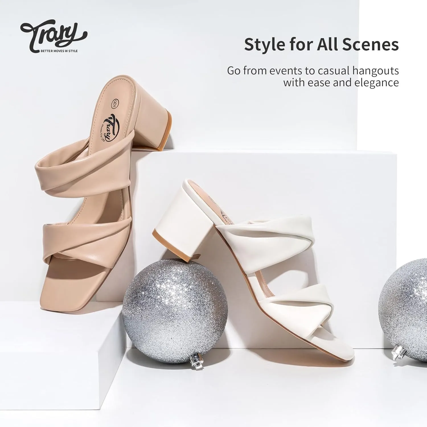 Trary Women's Sandals, Square Toe Heels Sandals, 2inch Black White Nude Chunky Block Heels Sandals
