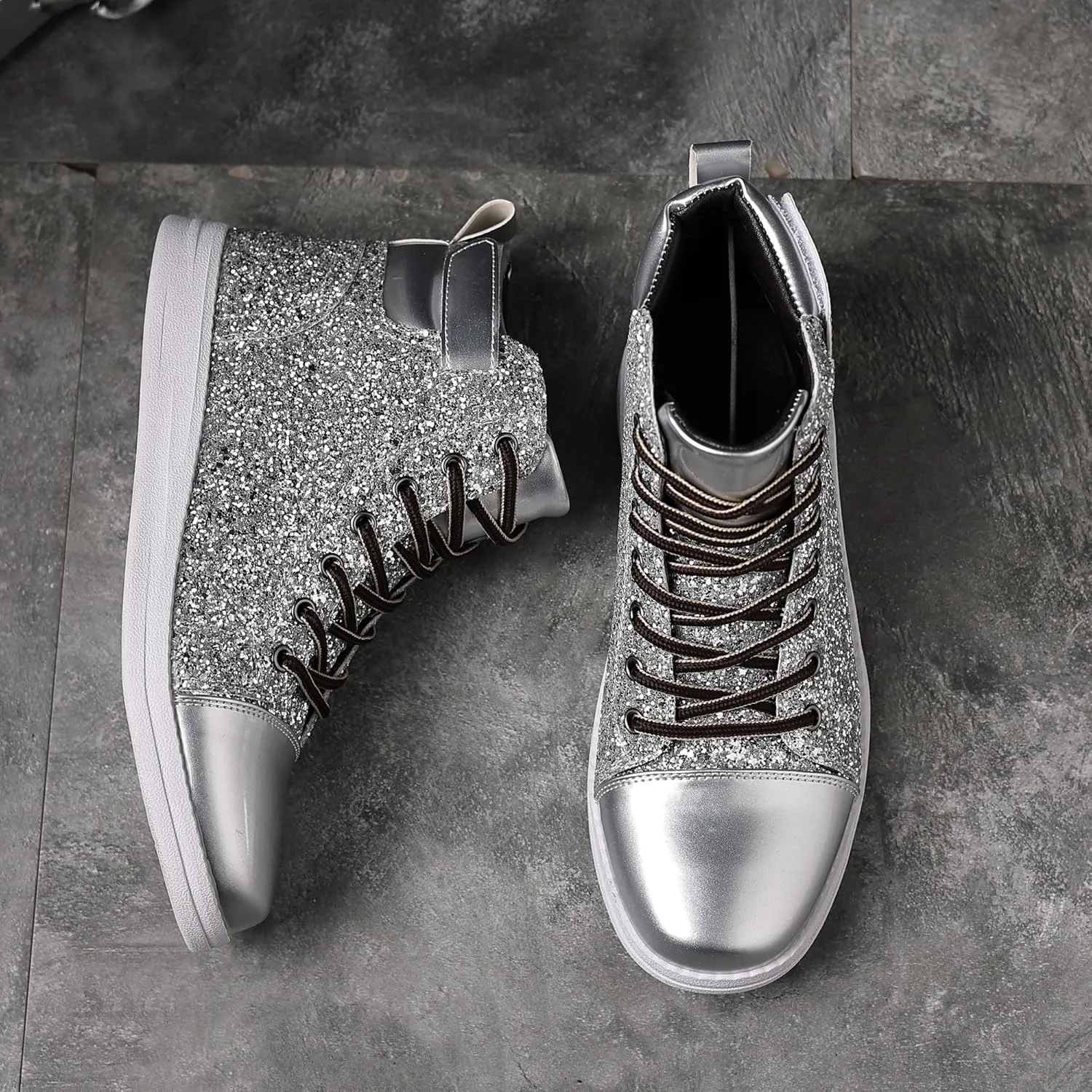 Trsorini Mens Glitter Shoes Sparkly High-top Sneakers Bling Sequin Shiny Men Lace-up Shoes