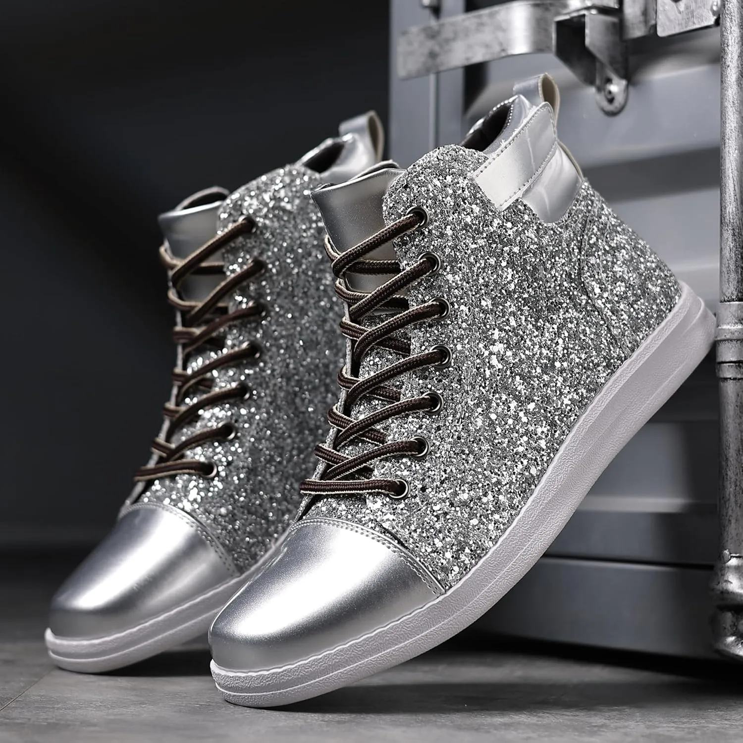 Trsorini Mens Glitter Shoes Sparkly High-top Sneakers Bling Sequin Shiny Men Lace-up Shoes