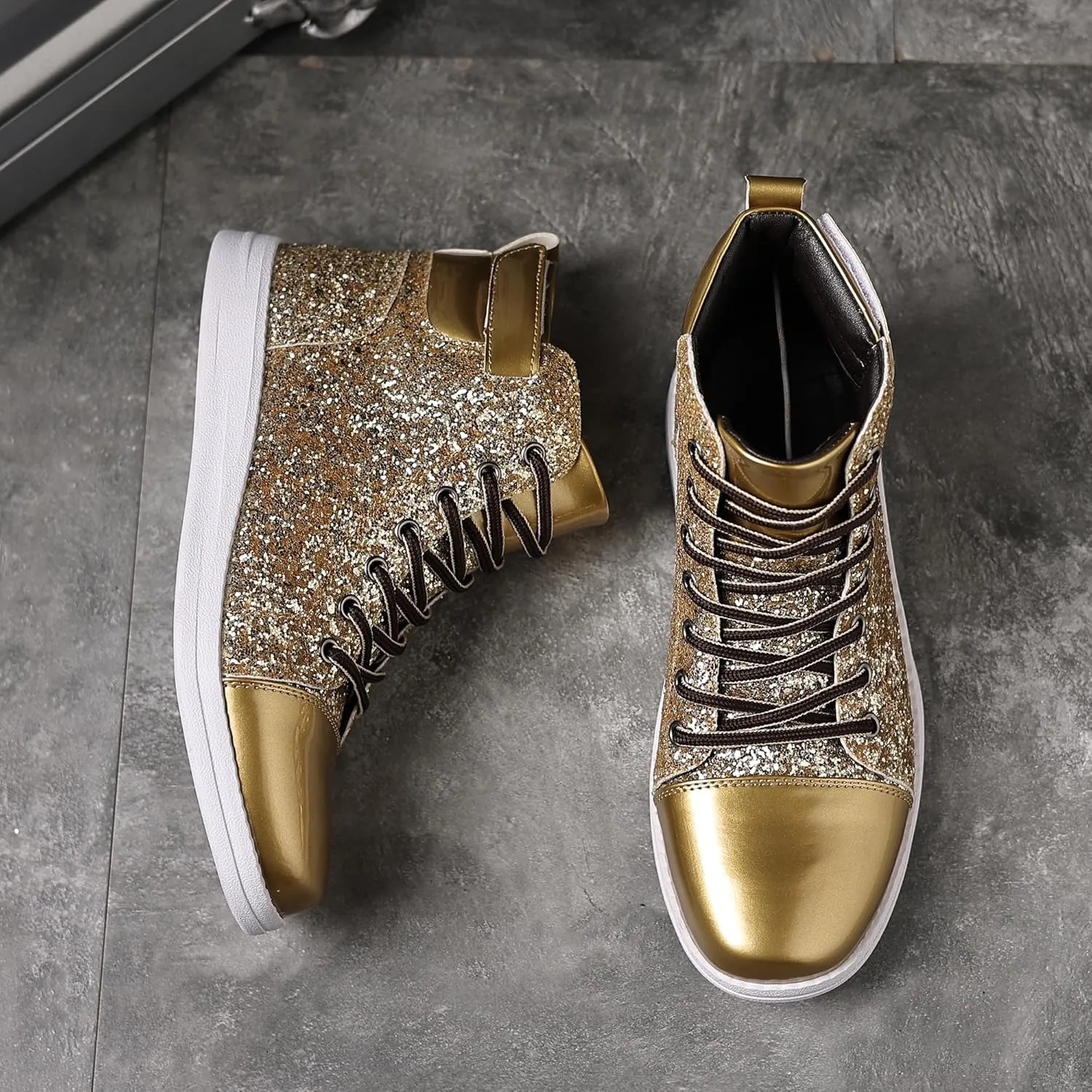 Trsorini Mens Glitter Shoes Sparkly High-top Sneakers Bling Sequin Shiny Men Lace-up Shoes