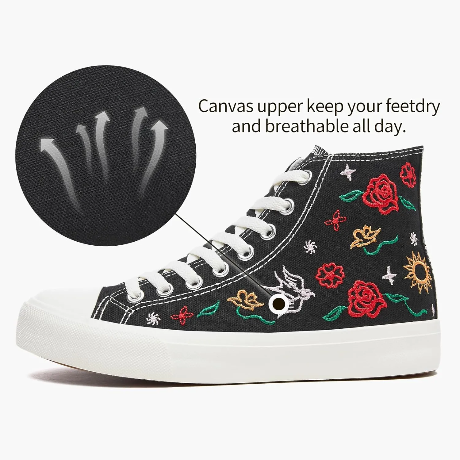 TUOPIN Women's High Top Canvas Sneakers - White and Black Fashion Embroidery Casual Walking Shoes for Women Comfortable Breathable Lace-Up Tennis Shoes