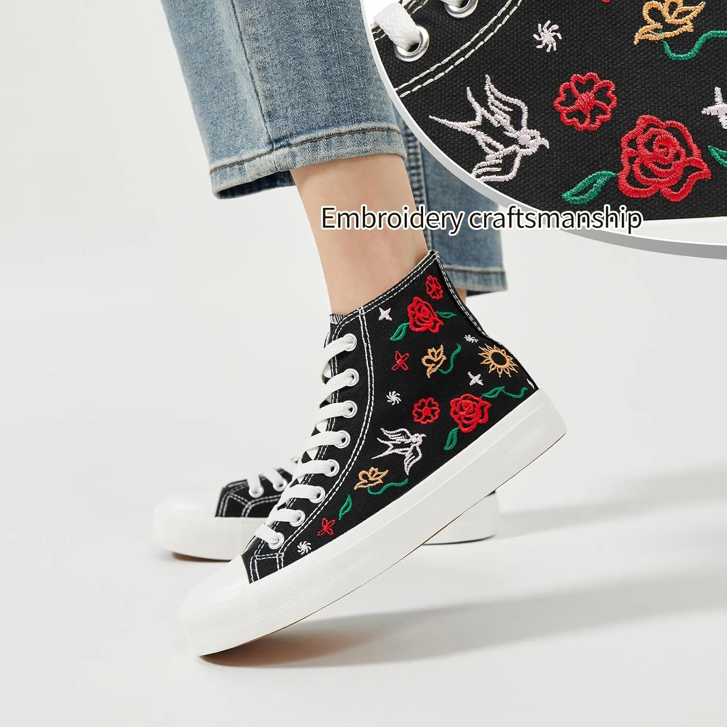 TUOPIN Women's High Top Canvas Sneakers - White and Black Fashion Embroidery Casual Walking Shoes for Women Comfortable Breathable Lace-Up Tennis Shoes