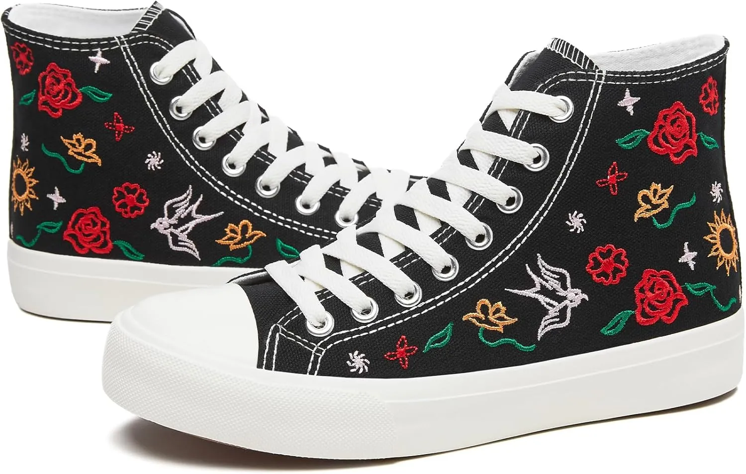 TUOPIN Women's High Top Canvas Sneakers - White and Black Fashion Embroidery Casual Walking Shoes for Women Comfortable Breathable Lace-Up Tennis Shoes