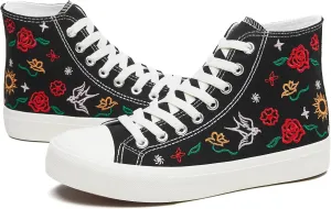 TUOPIN Women's High Top Canvas Sneakers - White and Black Fashion Embroidery Casual Walking Shoes for Women Comfortable Breathable Lace-Up Tennis Shoes