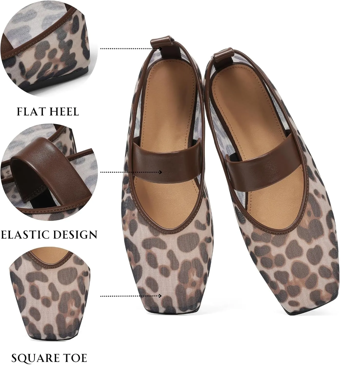 Uacllcau Ballet Flats Shoes for Women Square Toe Mary Jane Shoes Flat Women Comfortable Dressy Casual Slip On Ballerina Mesh Flats with Elastic Strap